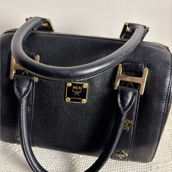 MCM Saffiano Leather Monogram Studded Boston Bag - Picture 10 of 13